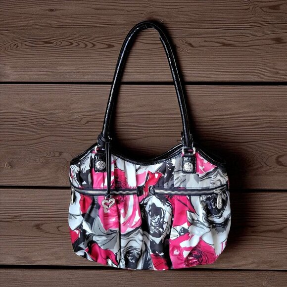 Brighton Floral Madison Shoulder Purse Hobo Black Red Pink Gray Nylon - Picture 1 of 11